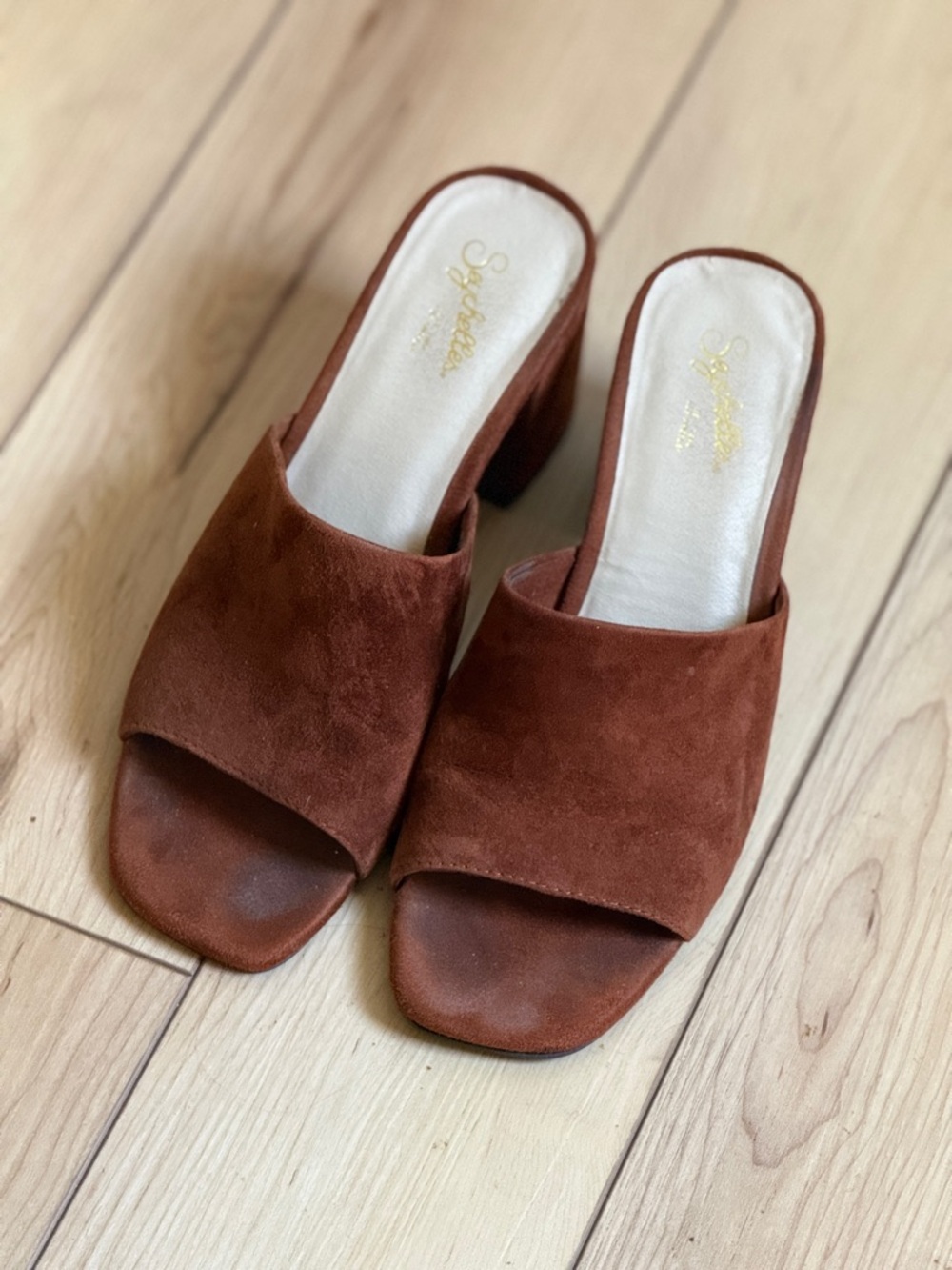 Seychelles Cognac Suede Open-Toe Block Heel Mules